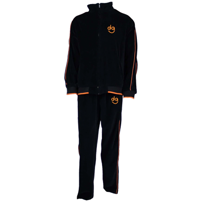 Dan Golden, The Sweatsuit front of velour sweatsuit featuring dg logos embroidered